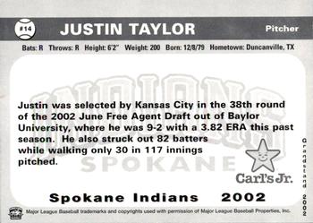 2002 Grandstand Spokane Indians #14 Justin Taylor Back
