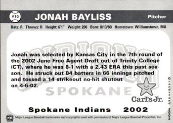 2002 Grandstand Spokane Indians #15 Jonah Bayliss Back