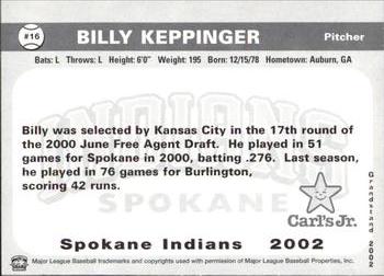 2002 Grandstand Spokane Indians #16 Billy Keppinger Back