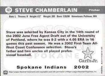 2002 Grandstand Spokane Indians #27 Steve Chamberlain Back