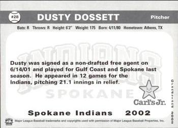 2002 Grandstand Spokane Indians #28 Dusty Dossett Back