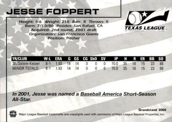 2002 Grandstand Texas League Top Prospects #NNO Jesse Foppert Back