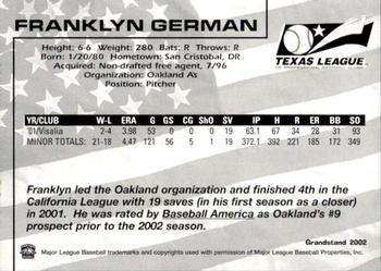 2002 Grandstand Texas League Top Prospects #NNO Franklyn German Back