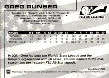 2002 Grandstand Texas League Top Prospects #NNO Greg Runser Back