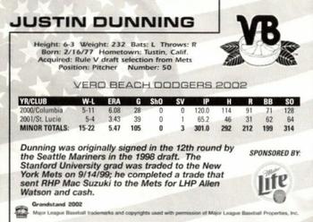 2002 Grandstand Vero Beach Dodgers #NNO Justin Dunning Back
