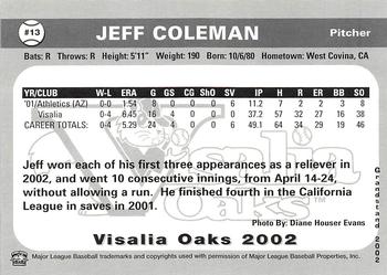 2002 Grandstand Visalia Oaks #NNO Jeff Coleman Back