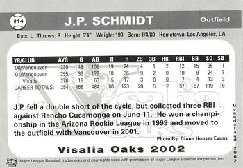2002 Grandstand Visalia Oaks #NNO J.P. Schmidt Back