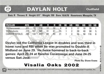 2002 Grandstand Visalia Oaks #NNO Daylan Holt Back