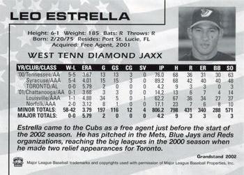 2002 Grandstand West Tenn Diamond Jaxx #8 Leo Estrella Back