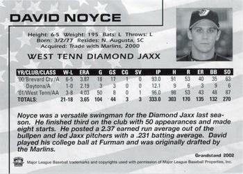 2002 Grandstand West Tenn Diamond Jaxx #19 David Noyce Back