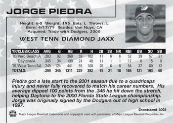 2002 Grandstand West Tenn Diamond Jaxx #21 Jorge Piedra Back