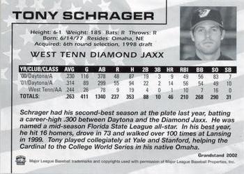 2002 Grandstand West Tenn Diamond Jaxx #23 Tony Schrager Back