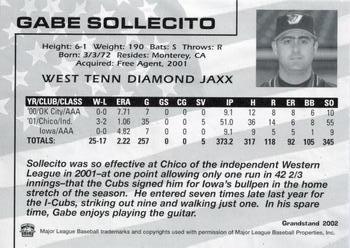 2002 Grandstand West Tenn Diamond Jaxx #24 Gabe Sollecito Back