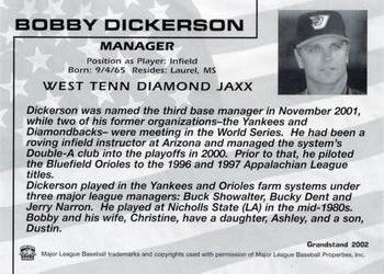 2002 Grandstand West Tenn Diamond Jaxx #26 Bobby Dickerson Back