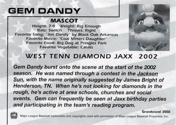 2002 Grandstand West Tenn Diamond Jaxx #30 Gem Dandy Back