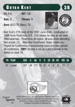 2002 MultiAd Augusta GreenJackets #15 Bryan Kent Back