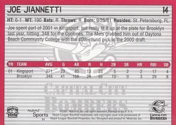 2002 MultiAd Capital City Bombers #11 Joe Jiannetti Back