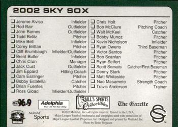 2002 MultiAd Colorado Springs Sky Sox #1 Team Checklist Back