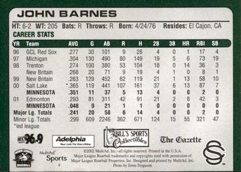 2002 MultiAd Colorado Springs Sky Sox #4 John Barnes Back