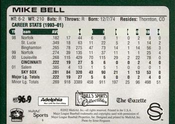 2002 MultiAd Colorado Springs Sky Sox #6 Mike Bell Back
