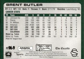2002 MultiAd Colorado Springs Sky Sox #9 Brent Butler Back