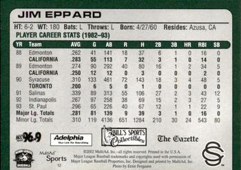 2002 MultiAd Colorado Springs Sky Sox #12 Jim Eppard Back
