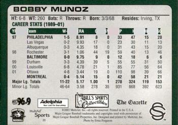 2002 MultiAd Colorado Springs Sky Sox #20 Bobby Munoz Back