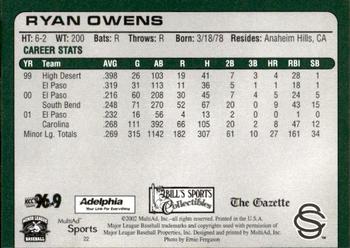 2002 MultiAd Colorado Springs Sky Sox #22 Ryan Owens Back