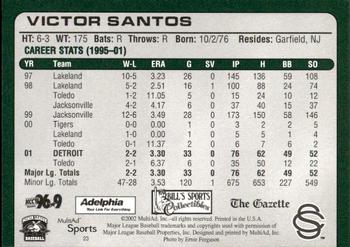 2002 MultiAd Colorado Springs Sky Sox #23 Victor Santos Back