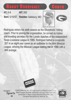 2002 MultiAd Delmarva Shorebirds #28 Bobby Rodriguez Back