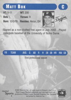 2002 MultiAd Great Falls Dodgers #4 Matt Bok Back
