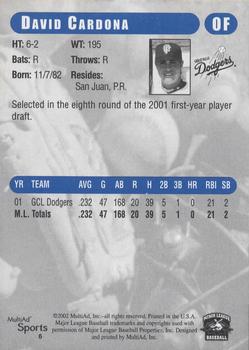 2002 MultiAd Great Falls Dodgers #6 David Cardona Back