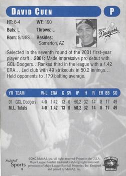 2002 MultiAd Great Falls Dodgers #8 David Cuen Back