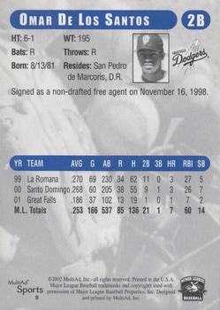 2002 MultiAd Great Falls Dodgers #9 Omar De Los Santos Back