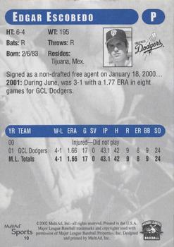 2002 MultiAd Great Falls Dodgers #10 Edgar Escobedo Back