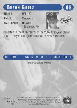 2002 MultiAd Great Falls Dodgers #13 Bryan Goelz Back