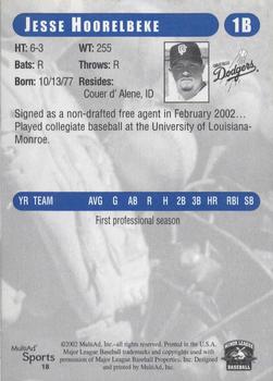 2002 MultiAd Great Falls Dodgers #18 Jesse Hoorelbeke Back