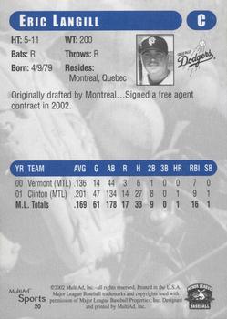 2002 MultiAd Great Falls Dodgers #20 Eric Langill Back