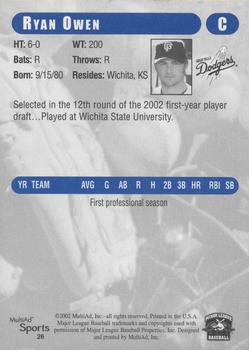 2002 MultiAd Great Falls Dodgers #26 Ryan Owen Back