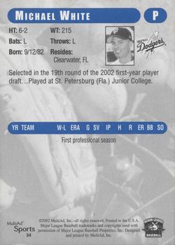 2002 MultiAd Great Falls Dodgers #34 Michael White Back