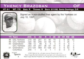 2002 MultiAd Greensboro Bats #2 Yhency Brazoban Back
