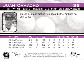 2002 MultiAd Greensboro Bats #3 Juan Camacho Back