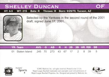 2002 MultiAd Greensboro Bats #8 Shelley Duncan Back