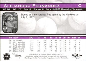 2002 MultiAd Greensboro Bats #9 Alejandro Fernandez Back