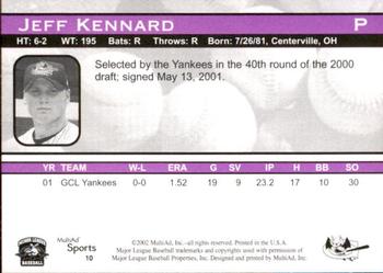 2002 MultiAd Greensboro Bats #10 Jeff Kennard Back