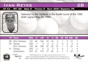 2002 MultiAd Greensboro Bats #14 Ivan Reyes Back