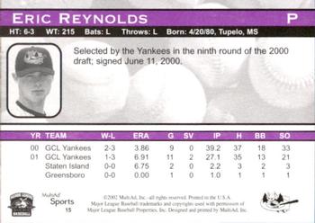 2002 MultiAd Greensboro Bats #15 Eric Reynolds Back