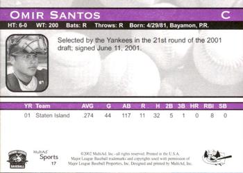 2002 MultiAd Greensboro Bats #17 Omir Santos Back