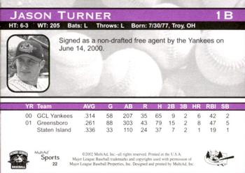 2002 MultiAd Greensboro Bats #22 Jason Turner Back