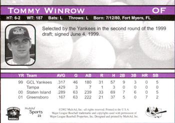 2002 MultiAd Greensboro Bats #23 Tommy Winrow Back